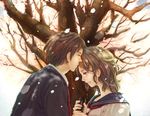  1girl bad_id bad_pixiv_id blazer brown_eyes brown_hair cherry_blossoms couple flower forehead_kiss graduation hetero jacket kiss manbou_no_suiso original petals school_uniform serafuku tears tree 