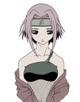  1girl black_eyes fishnets forehead_protector haruno_sakura naruto open_clothes open_shirt pink_hair shirt simple_background solo tasaka_shinnosuke 