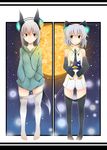  animal_ears black_legwear blue_eyes blush detached_sleeves eila_ilmatar_juutilainen full_moon green_eyes headphones hood hoodie legs long_hair moon multiple_girls necktie night night_sky pantyhose pantyhose_pull rosettastone sanya_v_litvyak short_hair silver_hair sky smile snow strike_witches tail white_legwear world_witches_series 