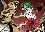  amputee battle blood book cleaver constricted_pupils crazy crazy_smile crossover duel faceless faceless_male green_hair hat injury kazami_yuuka knifed mask midriff plaid plaid_skirt plaid_vest rorschach severed_hand skirt skirt_set sumikaze_midi torn_clothes touhou trench_coat vest watchmen 
