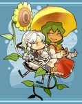  apron ascot bad_id bad_pixiv_id braid chibi flower frown green_hair hair_ribbon hounori izayoi_sakuya kazami_yuuka maid maid_headdress multiple_girls red_eyes ribbon shade short_hair silver_eyes silver_hair skirt skirt_set smirk sunflower touhou twin_braids umbrella vest 