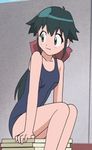  azumaya_koyuki green_eyes green_hair keroro_gunsou looking_back ribbon sitting swimsuit 