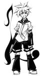  detached_sleeves greyscale kagamine_len male_focus monochrome robot_ears school_uniform shorts smile solo spiked_hair ushi vocaloid 