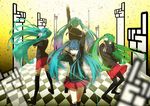  aqua_eyes aqua_hair bad_id bad_pixiv_id bandaid checkered checkered_floor clone closed_eyes green_hair hatsune_miku legs long_hair microphone multiple_girls pantyhose pointing rolling_girl_(vocaloid) school_uniform shio_konbu skirt socks thighhighs twintails vanishing_point vocaloid zettai_ryouiki 