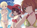  anna_(pop'n_music) bikini blonde_hair blue_eyes braid brown_eyes brown_hair green_eyes hannes_farrugia hat kanoko_(pop'n_music) long_hair multiple_girls one_eye_closed pop'n_music seiju_natsumegu skull swimsuit tears twin_braids twintails zektbach 