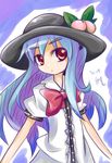  bad_id bad_pixiv_id blue_hair food fruit hat hinanawi_tenshi long_hair peach red_eyes solo sora-amaori touhou 