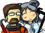  1girl animal_ears beard blush_stickers borisx closed_eyes crossover crowbar dowsing_rod facial_hair glasses gordon_freeman half-life hetero highres jewelry mouse_ears nazrin parody pendant sketch smile touhou 