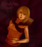  ashley_graham belt blonde_hair cojirooooo open_mouth orange_shirt plaid red_eyes resident_evil resident_evil_4 shirt skirt sleeveless sleeveless_turtleneck solo torn_clothes turtleneck 