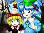  aqua_eyes blonde_hair blue_eyes hair_bobbles hair_ornament kawashiro_nitori lowres mdnk medicine_melancholy multiple_girls official_style oota_jun'ya_(style) parody style_parody su-san touhou two_side_up 