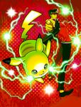  belt biafura black_hair crossover electricity gakuran gen_1_pokemon green_eyes hat jojo_no_kimyou_na_bouken kuujou_joutarou long_coat male_focus pikachu pointing pokemon pokemon_(creature) school_uniform sparkle tail 