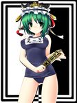  bad_id bad_pixiv_id breasts green_eyes green_hair hat highres large_breasts one-piece_swimsuit rod_of_remorse school_swimsuit shiki_eiki short_hair solo swimsuit touhou tsukumiya_amane 
