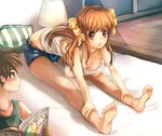  1girl :o barefoot bed blush bow breasts brother_and_sister brown_eyes brown_hair denim denim_shorts downblouse exercise feet frontbend hair_bow hair_ribbon hanging_breasts large_breasts legs long_hair original ribbon shorts siblings stretch suoni_(deeperocean) sweat 