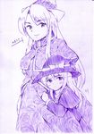  capelet hat hat_ribbon kirisame_marisa kirisame_marisa_(pc-98) long_hair mima monochrome multiple_girls phantasmagoria_of_dim.dream purple purple_background ribbon simple_background sketch touhou touhou_(pc-98) vent_arbre witch_hat wizard_hat younger 