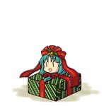  :d bow box chibi front_ponytail gift green_hair hair_bow kagiyama_hina open_mouth ribbon simple_background smile socha solo touhou |_| 