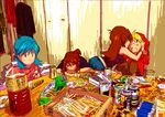  alternate_view androgynous blonde_hair blue_(pokemon) blue_hair blush bottle brown_hair can chips crystal_(pokemon) cup drink drunk food holding hood hoodie long_hair multiple_girls napkin ninjin_(eva2014) no_bandana no_headwear odamaki_sapphire pokemon pokemon_special reverse_trap yellow_(pokemon) yuri 