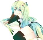  aqua_eyes aqua_hair aqua_nails bad_id bad_pixiv_id detached_sleeves hatsune_miku long_hair looking_back lying miko_mokko nail_polish necktie skirt solo spring_onion thighhighs twintails very_long_hair vocaloid zettai_ryouiki 