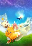  =_= antennae bad_id bad_pixiv_id blue_eyes boots chocobo cloud day fat_chocobo final_fantasy final_fantasy_fables grass green_eyes jewelry lens_flare menokurage moogle necklace pink_hair shirma short_hair sky white_mage wings 