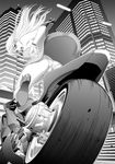 ass bad_id bad_pixiv_id from_below greyscale ground_vehicle highres monochrome motor_vehicle motorcycle original panties riding solo soukuu underwear upskirt 