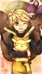  androgynous blonde_hair doduo gen_1_pokemon green_eyes hat one_eye_closed pika_(pokemon) pikachu pokemon pokemon_(creature) pokemon_special rattata reverse_trap tachiuo_(arines) yellow_(pokemon) 