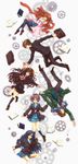  4girls alternate_costume alternate_hairstyle amano_(tsubakicome) asahina_mikuru asakura_ryouko blue_eyes blue_hair book brown_eyes brown_hair cardigan gakuran glasses hair_ribbon hairband highres kita_high_school_uniform knife koizumi_itsuki kouyouen_academy_uniform kyon long_hair multiple_boys multiple_girls nagato_yuki open_book purple_hair ribbon scarf school_briefcase school_uniform serafuku short_hair suzumiya_haruhi suzumiya_haruhi_no_shoushitsu suzumiya_haruhi_no_yuuutsu very_long_hair 