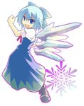  1girl bad_id bad_pixiv_id blue_eyes blue_hair bow cirno full_body hair_bow hakoniwa_tsuka highres snowflakes solo touhou wings 