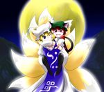  :d animal_ears blonde_hair blue_eyes brown_eyes brown_hair carrying cat_ears cat_tail chen fox_tail hat highres moon multiple_girls multiple_tails one_eye_closed open_mouth piggyback pointing short_hair smile surcoat tail touhou yakumo_ran yume_shokunin 