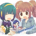  birthday blue_hair brown_eyes closed_eyes green_hair headset highres hood hoodie idolmaster idolmaster_(classic) kisaragi_chihaya long_hair minigirl multiple_girls o_o on_plate orange_hair otonashi_kotori plaid plate ribbon scrunchie short_hair star takatsuki_yayoi twintails yukko 