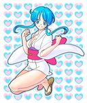  back_bow bare_legs biafura blue_eyes blue_hair bow breasts cleavage heart japanese_clothes jigoku_sensei_nube kimono large_breasts legs sandals short_kimono smile solo yukime_(jigoku_sensei_nube) 