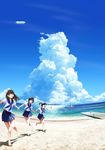  aircraft anegasaki_nene barefoot beach blimp cloud day dirigible fisheye kobayakawa_rinko long_hair love_plus love_plus_plus mino_tarou multiple_girls ocean official_art outdoors school_uniform serafuku short_hair skirt sky smile takane_manaka twintails 