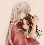  1girl animal_ears bad_id bad_pixiv_id blush brown_hair couple hair_grab hand_on_another's_head happy hetero higurashi_kagome hinagiku_(hina-asap) hug inuyasha inuyasha_(character) japanese_clothes jewelry long_hair necklace one_eye_closed open_mouth petals profile school_uniform serafuku simple_background smile 