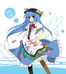  apron bad_id bad_pixiv_id blue_eyes blue_hair bow bowtie candy dress_shirt food fruit hat hinanawi_tenshi kneehighs long_hair long_skirt peach shirt skirt skirt_basket smile socks solo sumisaki_yuzuna touhou 