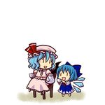  :d bat_wings blue_hair chair chibi cirno cup multiple_girls open_mouth remilia_scarlet simple_background sitting smile socha teacup teapot touhou v-shaped_eyebrows white_background wings |_| 