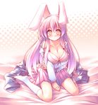  animal_ears bare_shoulders blush bra breasts bunny_ears cleavage highres kibushi kneehighs large_breasts lingerie long_hair md5_mismatch off_shoulder open_clothes open_shirt purple_hair red_eyes reisen_udongein_inaba shirt sitting socks solo strap_slip touhou underwear wariza white_legwear 