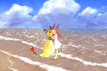  ^_^ ampharos bad_id bad_pixiv_id barefoot beach brown_hair closed_eyes cloud day dress gen_2_pokemon happy hug light_rays long_hair menokurage mikan_(pokemon) ocean outdoors pokemon pokemon_(creature) pokemon_(game) pokemon_gsc sky sunbeam sundress sunlight two_side_up wading water waves 