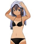  arms_up bikini black_bikini black_eyes black_hair breasts cowboy_shot itou_(mogura) minami-ke minami_touma one-piece_tan short_hair simple_background small_breasts smile solo swimsuit tan tanline towel towel_on_head white_background 