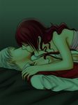  1girl closed_eyes couple hetero kirijou_mitsuru kiss lying persona persona_3 red_hair s-mikage sanada_akihiko towel undressing white_hair 