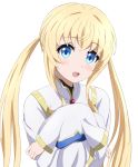  :d alternate_hairstyle blonde_hair blue_eyes blush commentary goblin_slayer! hat hat_removed headwear_removed looking_at_viewer open_mouth priestess_(goblin_slayer!) robe round_teeth smile solo teeth trg-_(sain) twintails upper_teeth white_background 