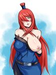  1girl black_beat blush breast_slip breasts green_eyes hair_over_one_eye huge_breasts long_hair mei_terumi mizukage naruto naruto_shippuuden nipples one_breast_out photoshop red_hair solo standing terumi_mei topknot 