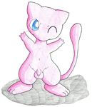  balls fur legendary_pok&#233;mon long_tail looking_at_viewer male mew mineatlus nintendo one_eye_closed penis pink_fur plain_background pok&#233;mon pokemon solo standing traditional_media uncut video_games white_background wink 