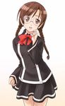  bow bowtie braid brown_eyes brown_hair clala e20 glasses quiz_magic_academy solo twin_braids 