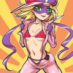  :p bikini_top blonde_hair bodysuit breasts center_opening full-length_zipper gloves green_eyes hairu hat kaminari_ai navel pink_bodysuit ribbon small_breasts solo time_bokan_(series) tongue tongue_out undressing visor yatterman zipper 