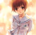  :d arms_behind_back brown_eyes brown_hair copyright_request goto_p looking_at_viewer neckerchief open_mouth school_uniform serafuku short_hair smile solo upper_body 