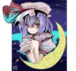  closed_mouth collar crescent expressionless frills hat hat_ribbon lavender_hair looking_at_viewer mob_cap own_hands_together pillarboxed puffy_short_sleeves puffy_sleeves red_eyes remilia_scarlet ribbon shaded_face short_sleeves solo take_tonbo touhou upper_body 
