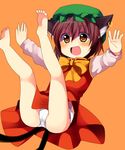  animal_ears barefoot brown_hair cat_ears cat_tail chen earrings fang happy hat jewelry multiple_tails orange_eyes panties short_hair solo subaru_(yachika) tail touhou underwear upskirt white_panties 