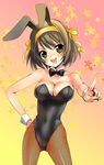  animal_ears brown_hair bunny_ears bunnysuit pantyhose solo suzumiya_haruhi suzumiya_haruhi_no_yuuutsu uk-works 