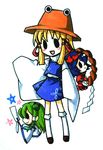  :&gt; :&lt; bad_id bad_pixiv_id blonde_hair blue_hair chibi detached_sleeves frog green_hair hair_ornament hairband hat kochiya_sanae kuronohana leaf moriya_suwako multiple_girls rope shimenawa short_hair snake star touhou traditional_media yasaka_kanako 