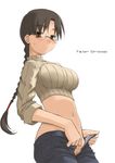  blush braid breasts denim glasses hoshina_tomoko jeans large_breasts long_hair looking_at_viewer midriff no_panties open_fly pants simple_background sleeves_rolled_up solo to_heart tsuina unzipped white_background 