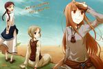  animal_ears ayakura_juu blonde_hair brown_hair chloe_(spice_and_wolf) day holo long_hair multiple_girls nora_arento pouch purple_hair red_eyes short_hair sitting skirt sky spice_and_wolf tail vest wolf_ears 