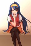  arcana_heart blue_hair crossed_legs e20 long_hair misono_gakuen_school_uniform pantyhose school_uniform sitting solo tsuzura_saki 