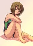  armpits barefoot brown_eyes brown_hair competition_swimsuit copyright_request e20 feet one-piece_swimsuit short_hair sitting solo swimsuit 